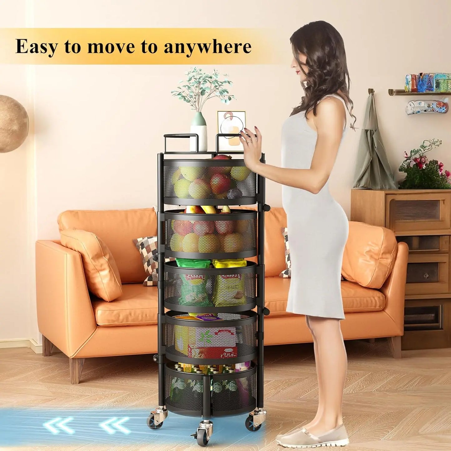 Fruit and Vegetable Basket Bowls for Kitchen with Metal Top Lid, SNTD 5 Tier Rotating Storage Rack Cart for Potato Onion Bread